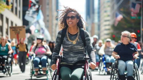 Disabled People in Wheelchairs on Street