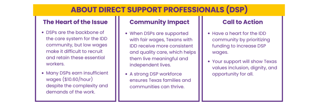 A grid of text about direct support workers with three boxes: The heart of the issue, community impact, and call to action