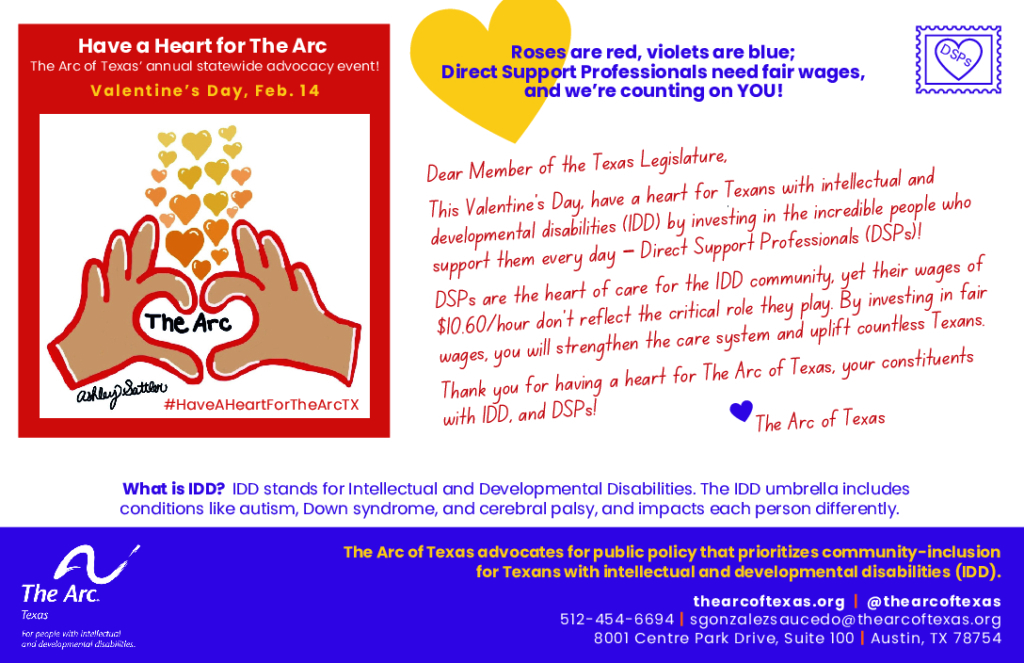 A Valentine's card with a note to Texas Legislators about supporting direct support professionals.